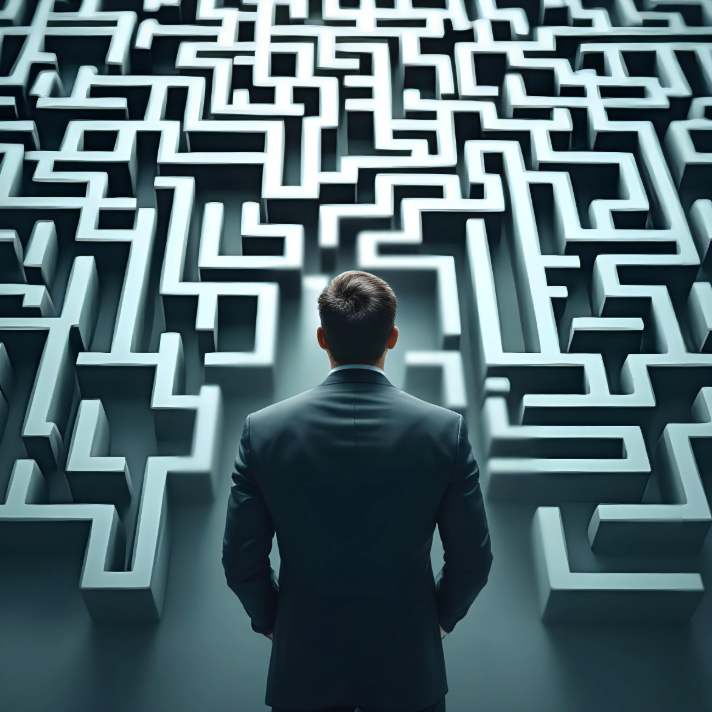 A man in a dark suit stands with his back to the camera, facing an intricate 3D maze-like structure in cool blue and gray tones.