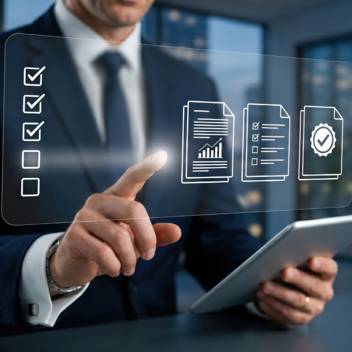 A man in a dark suit and tie uses a transparent holo-screen interface with checklist and document icons while holding a tablet in a modern office setting.