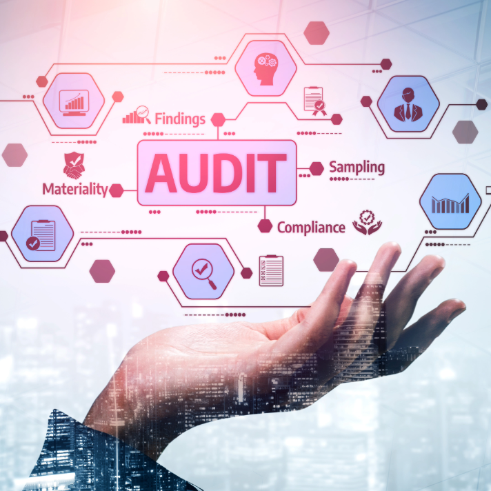 A stylized hand reaching upward toward a floating digital interface with the word AUDIT in the center and connected icons for findings, sampling, compliance, and materiality over a blurred cityscape background.