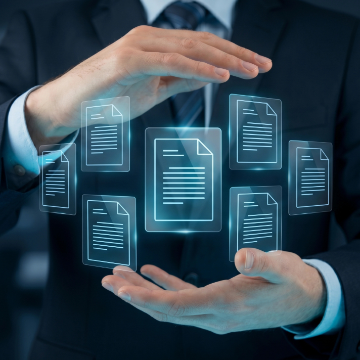 A man in a dark suit and tie holds up his hands with glowing blue digital document icons floating between them, set against a dark background.
