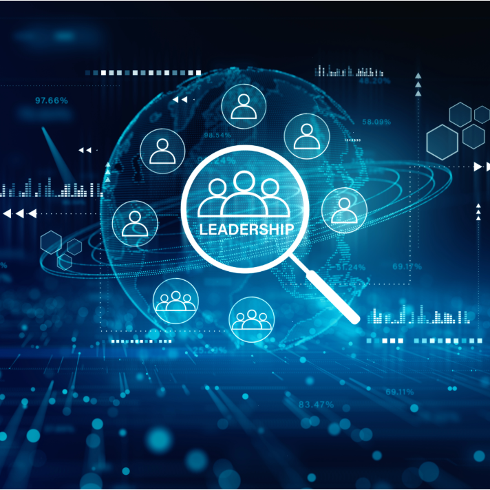 Digital graphic featuring a glowing blue globe with a magnifying glass over the central word 'LEADERSHIP' and several white user icons surrounding it, set against a dark blue tech-style background with charts and data visualizations.
