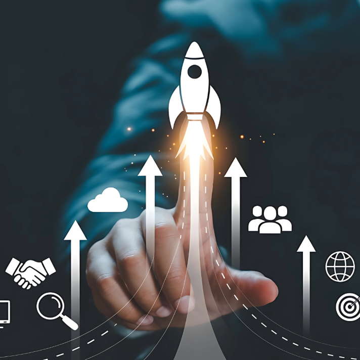 A stylized digital illustration of a hand reaching toward a white rocket launching upward, with glowing flames and several white business icons including arrows, a cloud, handshake, magnifying glass, globe, and target around it.