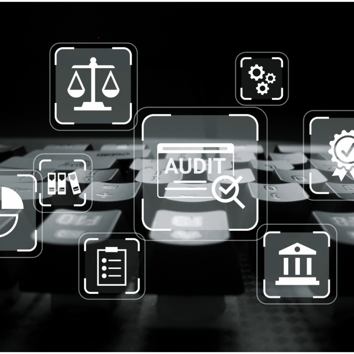 A dark, high-tech graphic showing floating white icons related to auditing and business processes over a blurred keyboard background. The central icon reads 'AUDIT' with a magnifying glass, surrounded by icons for scales, gears, a seal of approval, a clipboard, and a bank building.