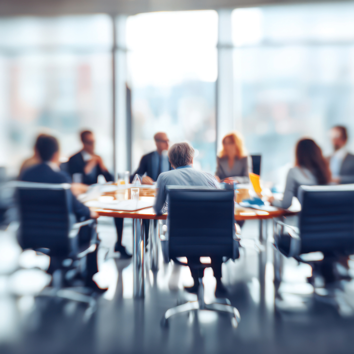 A blurred office meeting scene with several people seated around a round conference table in a bright modern room with large windows.