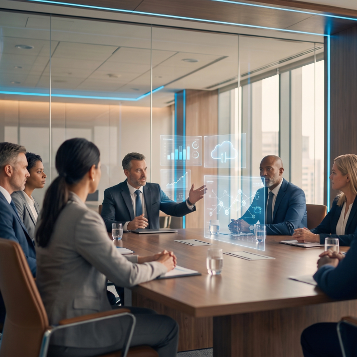 A group of business professionals in a modern glass-walled conference room, gathered around a wooden table with laptops and water glasses, with one man gesturing toward a floating holographic data display.