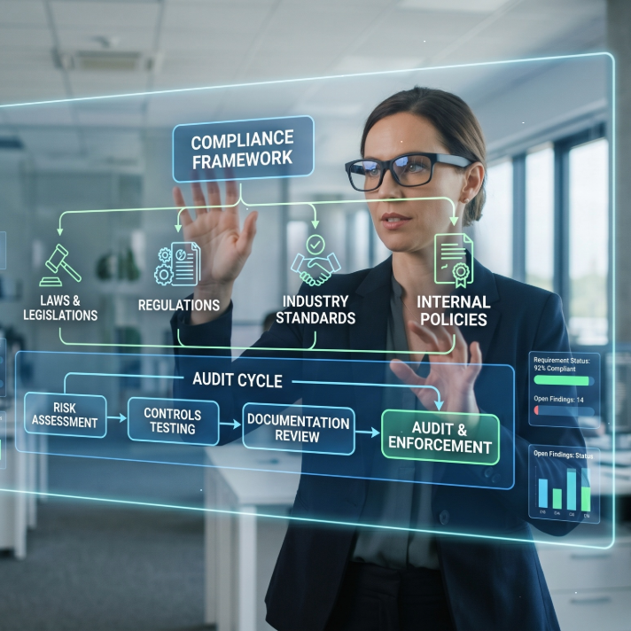 A woman in a dark blazer and glasses gestures toward a large holographic interface displaying a compliance framework and audit cycle. The scene is set in a modern office with blurred windows in the background.