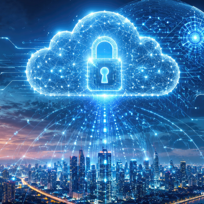 A glowing blue cloud icon with a padlock symbol at its center floats above a city skyline at dusk, with digital network lines and circuit-like graphics extending across the scene.