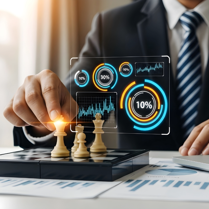 A close-up of a person in a business suit and striped tie interacting with a floating digital analytics overlay and chess pawns on a desk.