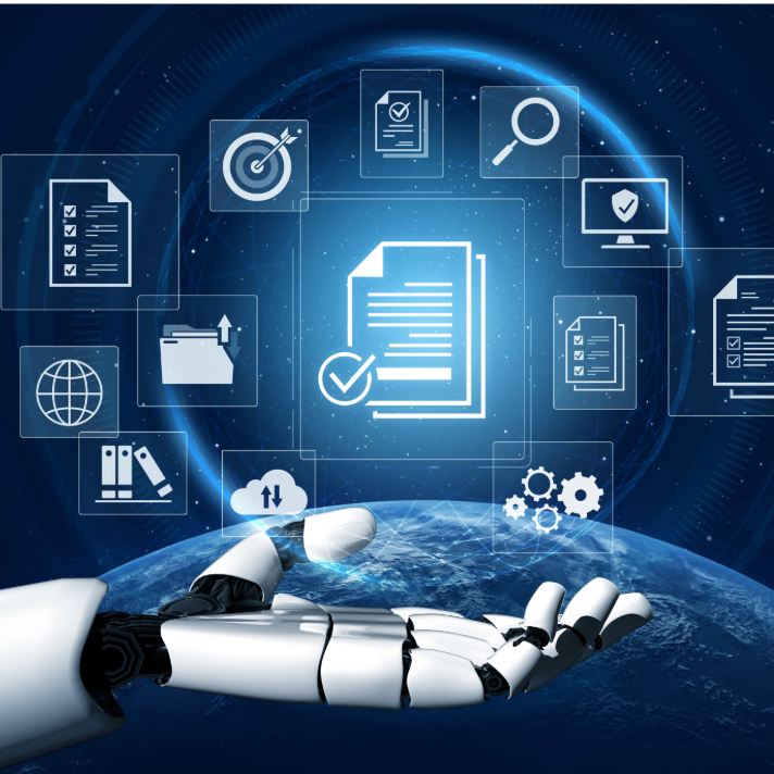 A white robotic hand holds up a glowing blue digital interface over a dark blue Earth background. Floating icons around the hand include documents, a target, a magnifying glass, a computer monitor, a globe, files, books, a cloud, gears, and a checkmark document.