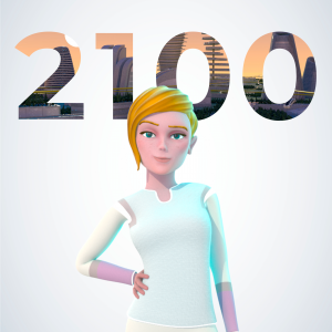 A stylized 3D-rendered woman with short blonde hair wearing a pale blue top stands in front of large decorative numbers reading 2100. The background is a very light gray/white studio-style backdrop.