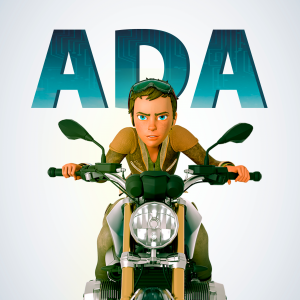 A stylized illustrated figure of a person riding a motorcycle, with large teal-blue letters reading 'ADA' above, on a plain light background.
