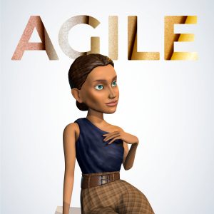 A stylized 3D cartoon woman wearing a dark blue sleeveless top and brown plaid pants, posed in front of large metallic gold letters spelling 'AGILE' on a light gray background.