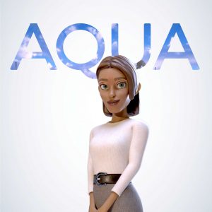 A 3D-rendered female character with brown hair, wearing a pale pink long-sleeve top and a gray skirt with a brown belt, standing below large blue 'AQUA' text on a light gray background.