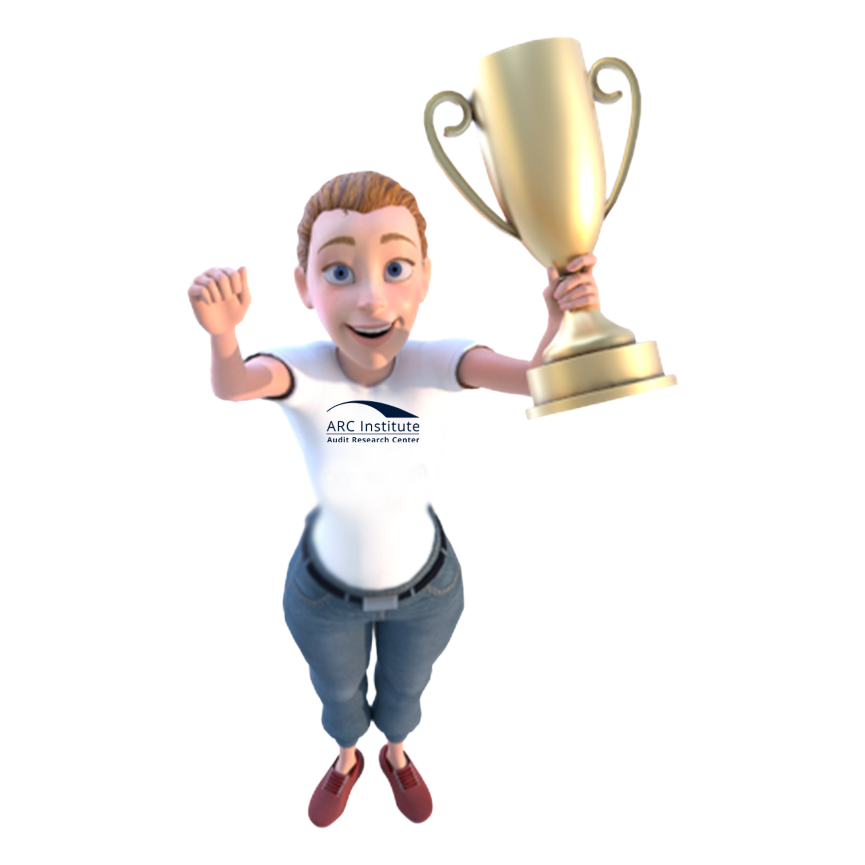 Animated character holding a gold trophy with 'ARC Institute' logo on a white background