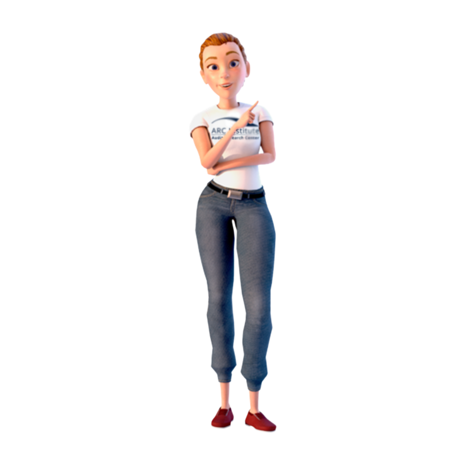 A 3D-rendered female character standing against a plain white background, wearing a white graphic T-shirt, blue jeans, a black belt, and red shoes. The shirt has visible text that appears to read 'ARC Institute'.