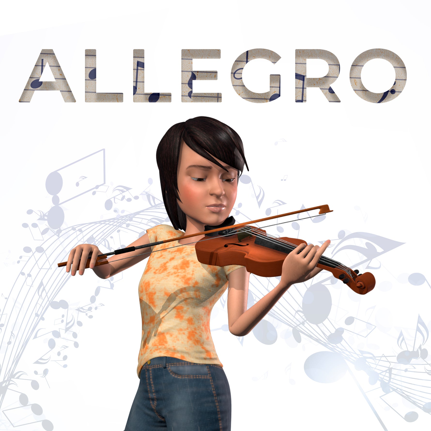 A stylized digital illustration of a woman playing a violin against a white background with faint musical notes and the word 'ALLEGRO' in large decorative letters across the top.