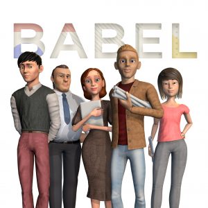 Five 3D-rendered characters standing in front of a white background with the word 'BABEL' above them. This appears to be a digital illustration or game-style character render rather than a standard retail product photo.