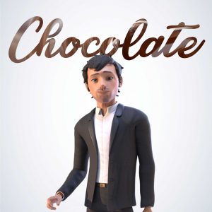 3D-rendered character in a black suit with the word Chocolate' in the background.
