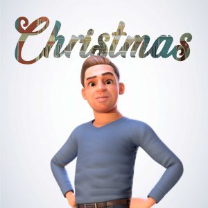 A 3D-rendered man wearing a blue long-sleeve shirt stands with hands on hips beneath the word 'Christmas' in a decorative multicolor script on a light gray background.