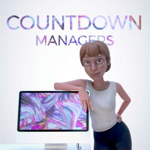 A stylized 3D cartoon woman with short brown hair stands beside a tablet displaying a colorful abstract pattern. Large text at the top reads 'COUNTDOWN MANAGERS' on a plain light background.