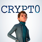 A 3D-rendered man in a gray blazer and teal turtleneck stands with hands on hips beneath the word 'CRYPTO' in large blue letters on a light gray background.