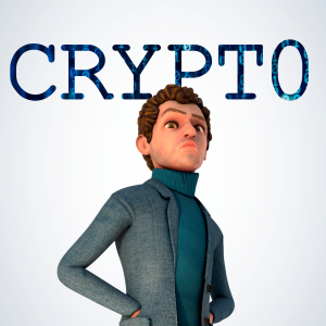 A 3D-rendered man in a gray blazer and teal turtleneck stands with hands on hips beneath the word 'CRYPTO' in large blue letters on a light gray background.