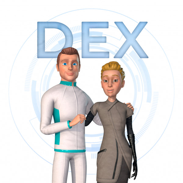 3D-rendered characters in futuristic white and gray uniforms standing in front of large light-blue 'DEX' lettering on a white background.