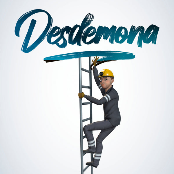A stylized 3D illustration of a man in a dark gray jumpsuit and yellow hard hat climbing a metal ladder beneath a large blue script word reading 'Desdemon' on a light gray background.