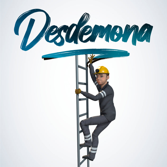 A stylized 3D illustration of a man in a dark gray jumpsuit and yellow hard hat climbing a metal ladder beneath a large blue script word reading 'Desdemon' on a light gray background.