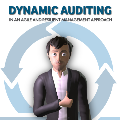 3D animated character in a suit with text about dynamic auditing and agile management on a light blue background
