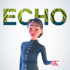 A 3D-rendered woman in a dark blue button-front dress stands in front of large letters spelling ECHO, where the letter cutouts show green grass-like texture. The background is a clean light gray/white studio-style backdrop.