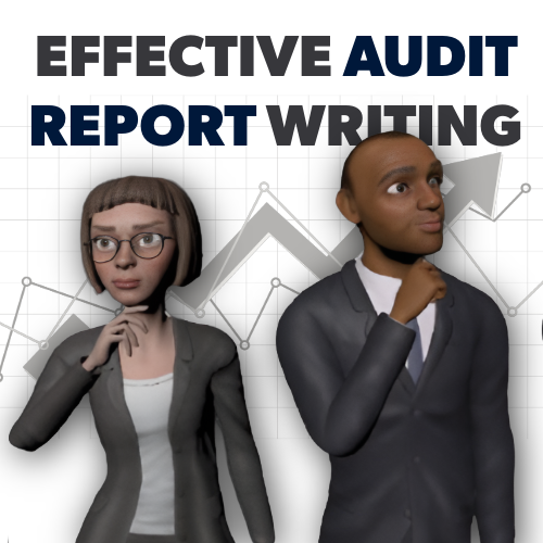 Two animated characters with text 'Effective Audit Report Writing' on a background with charts and graphs.