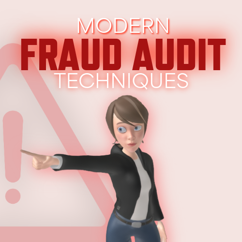 Illustration of a person pointing at text on a red background with 'Modern Fraud Audit Techniques' displayed.