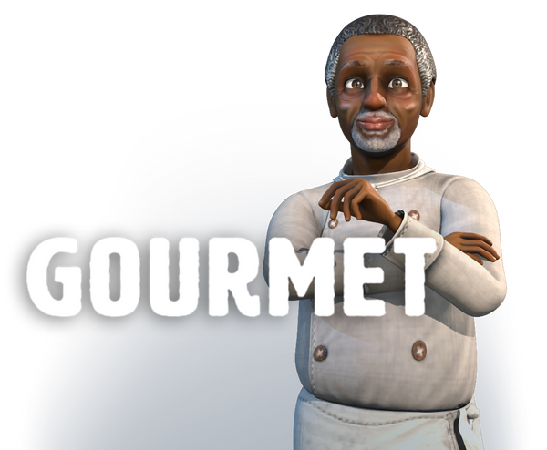 A 3D-rendered chef character wearing a light gray double-breasted uniform stands against a white background with the word 'GOURMET' in large white letters across the foreground.