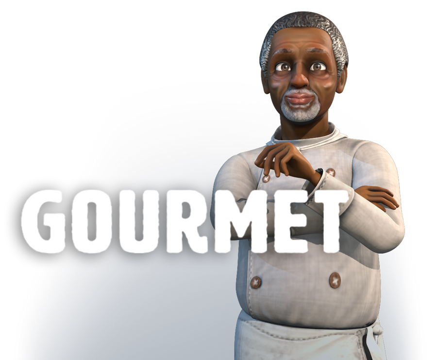 A 3D-rendered chef character wearing a light gray double-breasted uniform stands against a white background with the word 'GOURMET' in large white letters across the foreground.