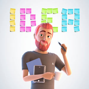 A 3D cartoon-style man with red hair and a beard holds a tablet and notebook, standing in front of colorful sticky notes arranged to spell 'IDEA' on a light gray background.