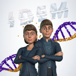 A stylized digital illustration of two people standing in front of large metallic 'IDEM' lettering, with purple and gold DNA helix graphics behind them on a light gray background.