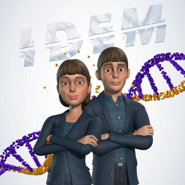 A stylized digital illustration of two people standing in front of large metallic 'IDEM' lettering, with purple and gold DNA helix graphics behind them on a light gray background.