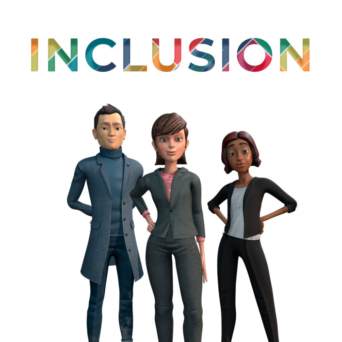 The word 'INCLUSION' appears at the top in large, colorful letters, with three 3D cartoon-style business professionals standing below on a plain white background.