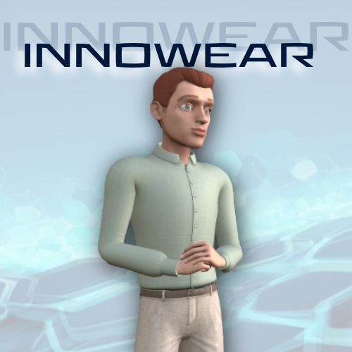 3D animated character wearing a light gray shirt with 'INNOWEAR' branding in the background.