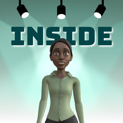 Animated character in a green shirt with 'INSIDE' text above on a green background