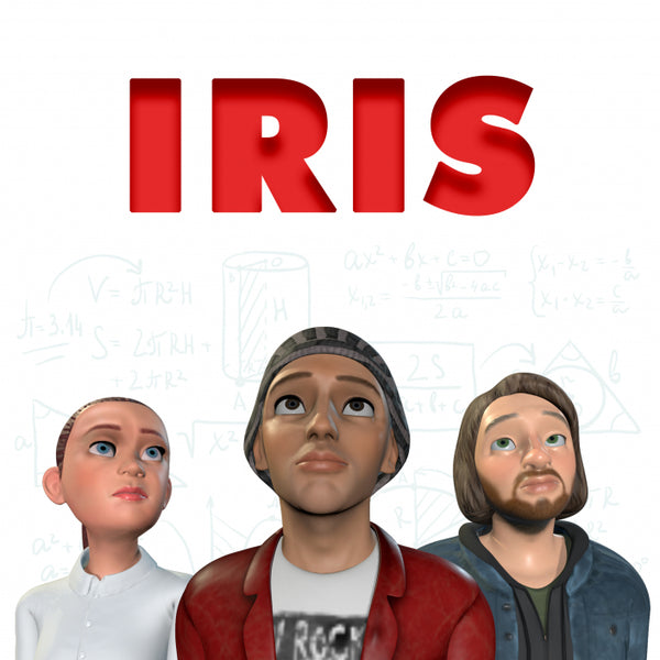 A stylized digital illustration with the word "IRIS" in large red letters above three cartoon-like human figures against a white background with faint math equations.