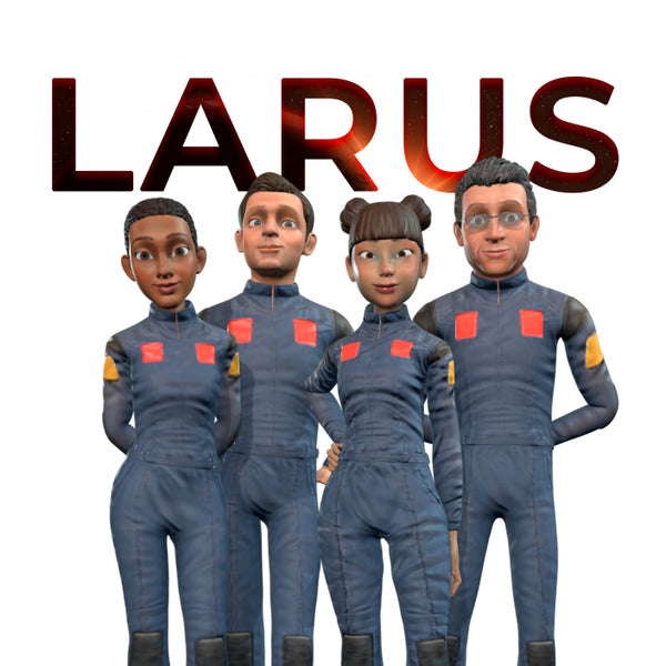 Four 3D-rendered characters wearing matching dark blue jumpsuits with red square patches and yellow sleeve accents, standing in front of a white background with the word 'LARUS' in large red-to-black gradient letters above them.