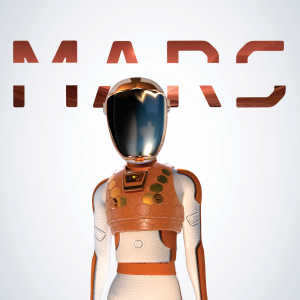 A futuristic humanoid robot or android stands centered against a light gray gradient background, with large metallic copper-toned letters spelling MARS behind it. The robot has a reflective dark visor, copper/orange body panels, and white sections.