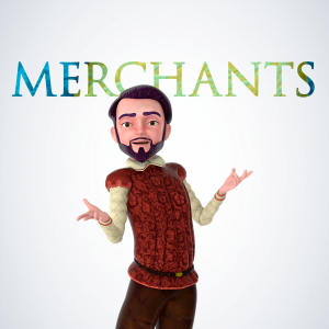 A 3D cartoon-style merchant character with a beard and outstretched hands stands in front of the word 'MERCHANTS' in large multicolored letters on a light gray background.