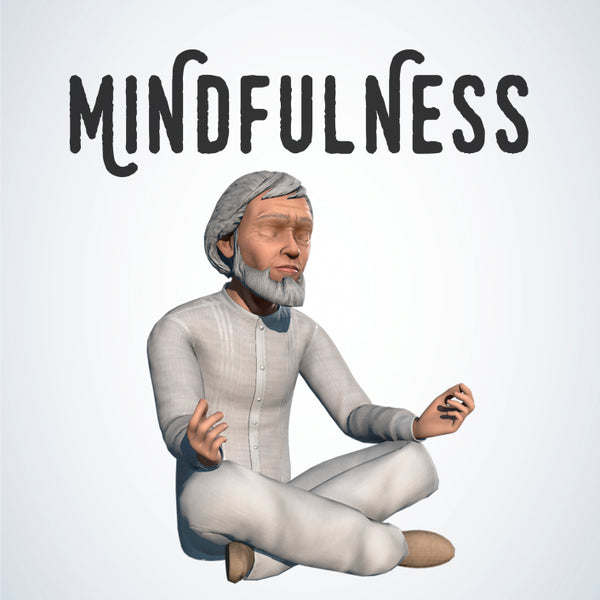 A 3D-rendered seated figure in a gray robe and head covering, shown in a meditative pose beneath the large word 'MINDFULNESS' on a light gray background.