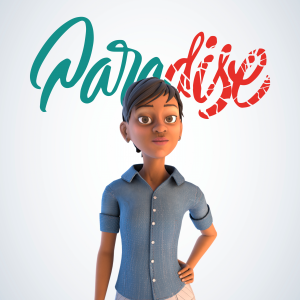 A 3D-rendered character wearing a light blue button-up shirt stands against a plain light background, with the word 'Paradise' in stylized teal and red lettering above.