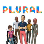 The word 'PLURAL' appears at the top in large, colorful geometric letters, with five stylized human characters standing below on a plain white background.
