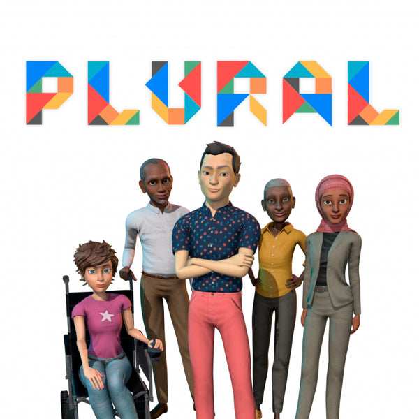 The word 'PLURAL' appears at the top in large, colorful geometric letters, with five stylized human characters standing below on a plain white background.