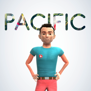 A 3D-rendered male character stands with hands on hips in front of large stylized text reading PACIFIC. The character wears a bright teal T-shirt with a small red-and-white chest emblem and coral-pink pants.
